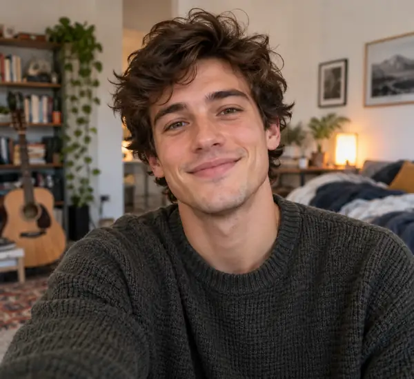 Joven de aspecto informal fotografiado en interiores con un hogar habitado de fondo