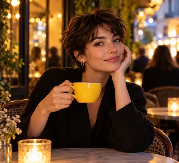 Mujer de pelo corto sosteniendo una taza amarilla brillante en una cafetería con luz cálida al atardecer