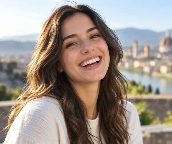 Mujer morena riendo, fotografiada al aire libre con una luz natural suave y favorecedora