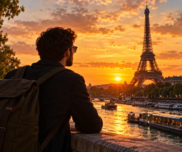 Hombre posando cerca de la Torre Eiffel, junto al Sena, durante un atardecer dorado en París