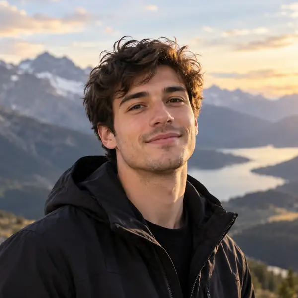 Joven con una chaqueta oscura fotografiado ante un paisaje montañoso suavemente desenfocado