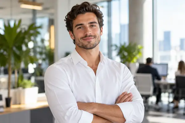 Hombre con una impecable camisa blanca y los brazos cruzados en una oficina contemporánea y luminosa
