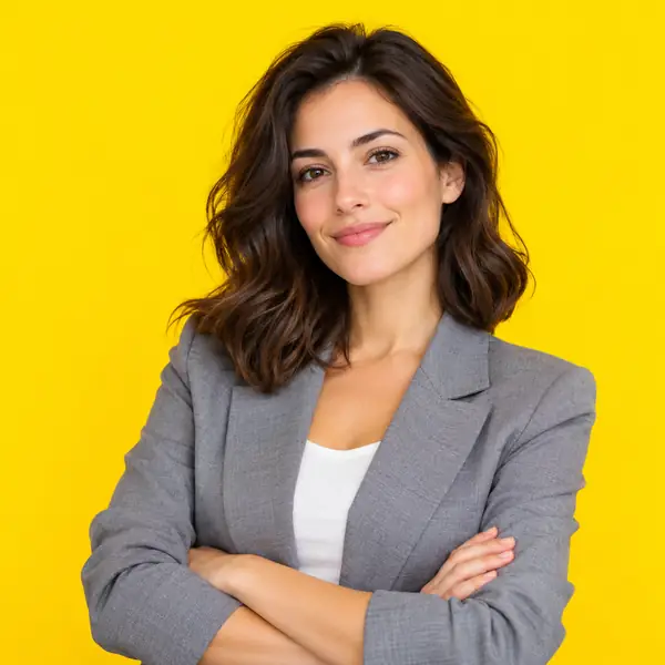 Mujer con un blazer gris y los brazos cruzados frente a un fondo de estudio amarillo intenso