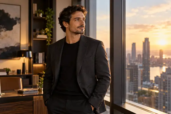 Hombre con una chaqueta gris oscuro junto a una ventana en una oficina elegante