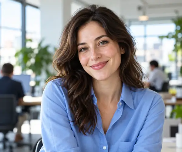 Mujer sonriente con una camisa azul de botones fotografiada en un espacio de trabajo luminoso