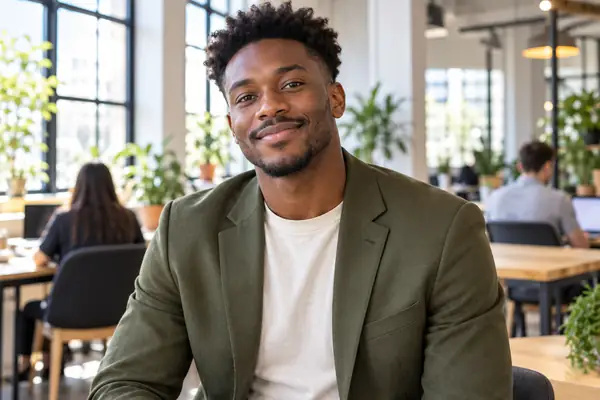 Joven negro con un blazer verde oliva en un espacio de coworking luminoso