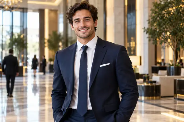 Hombre sonriente con un traje de negocios azul marino en un vestíbulo sofisticado