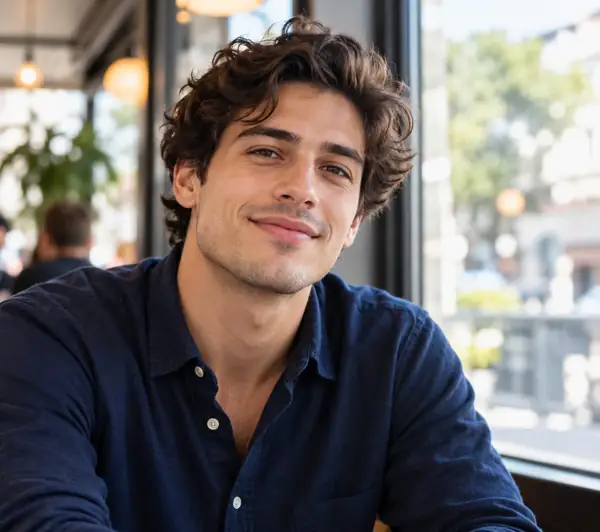 Joven de cabello oscuro y ondulado con una camisa azul marino junto a la ventana de una cafetería luminosa