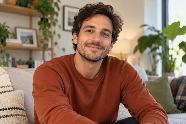 Hombre de aspecto amable con una sudadera color óxido sentado en una sala de estar informal