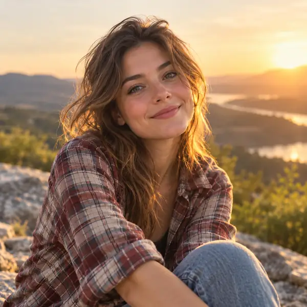 Joven con una camisa de cuadros sentada al aire libre bajo la cálida luz de la tarde