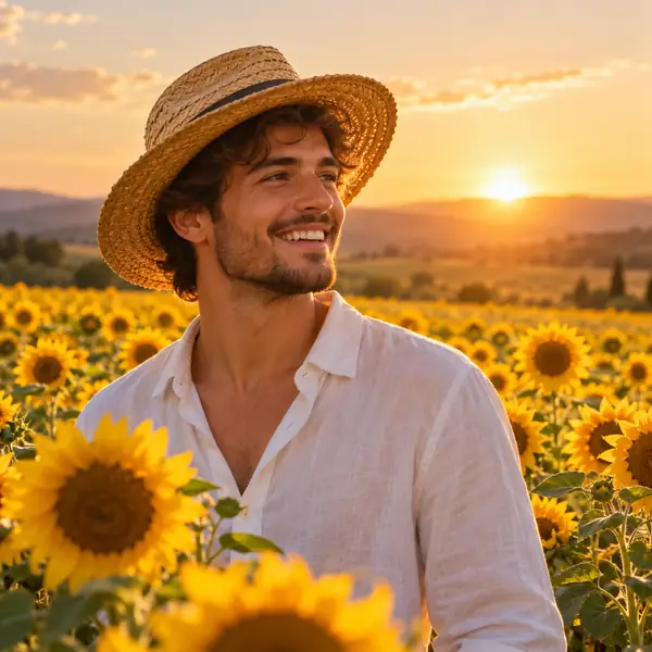 Hombre con sombrero de paja y camisa blanca en un campo de girasoles dorados