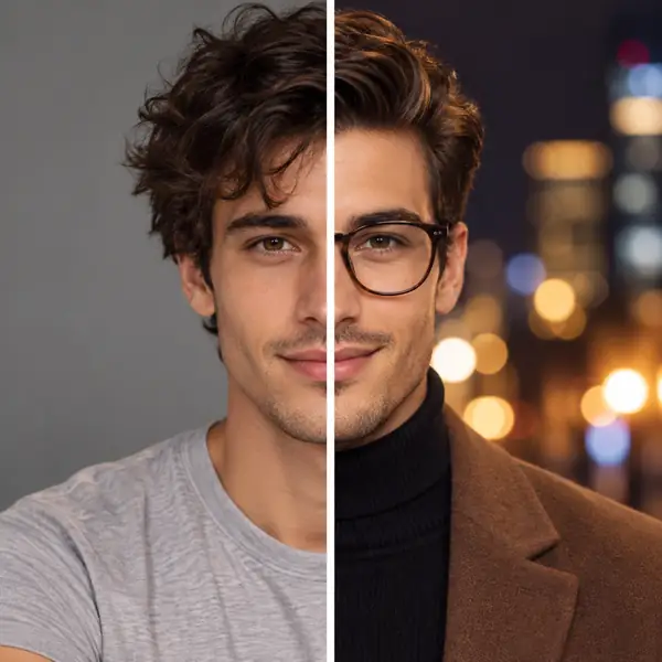 Retrato del antes y el después que muestra un cambio de peinado, gafas y ropa