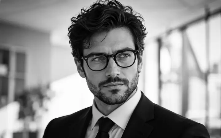 Retrato profesional en blanco y negro de un hombre con gafas y traje